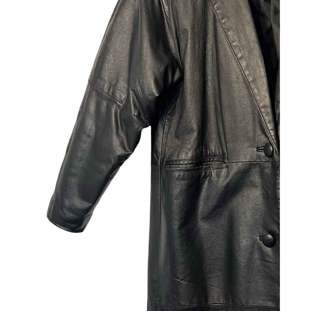 G-III Black Leather Trench Coat Womens Size M Long Maxi Jacket Button Front Vntg - Picture 10 of 14